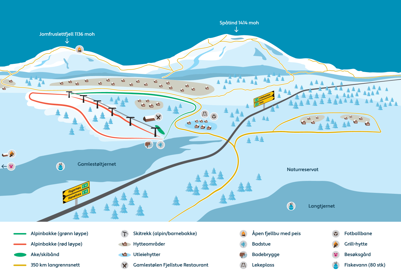 Illustrert destinasjonskart over Gamlestølen og Langtjedn
